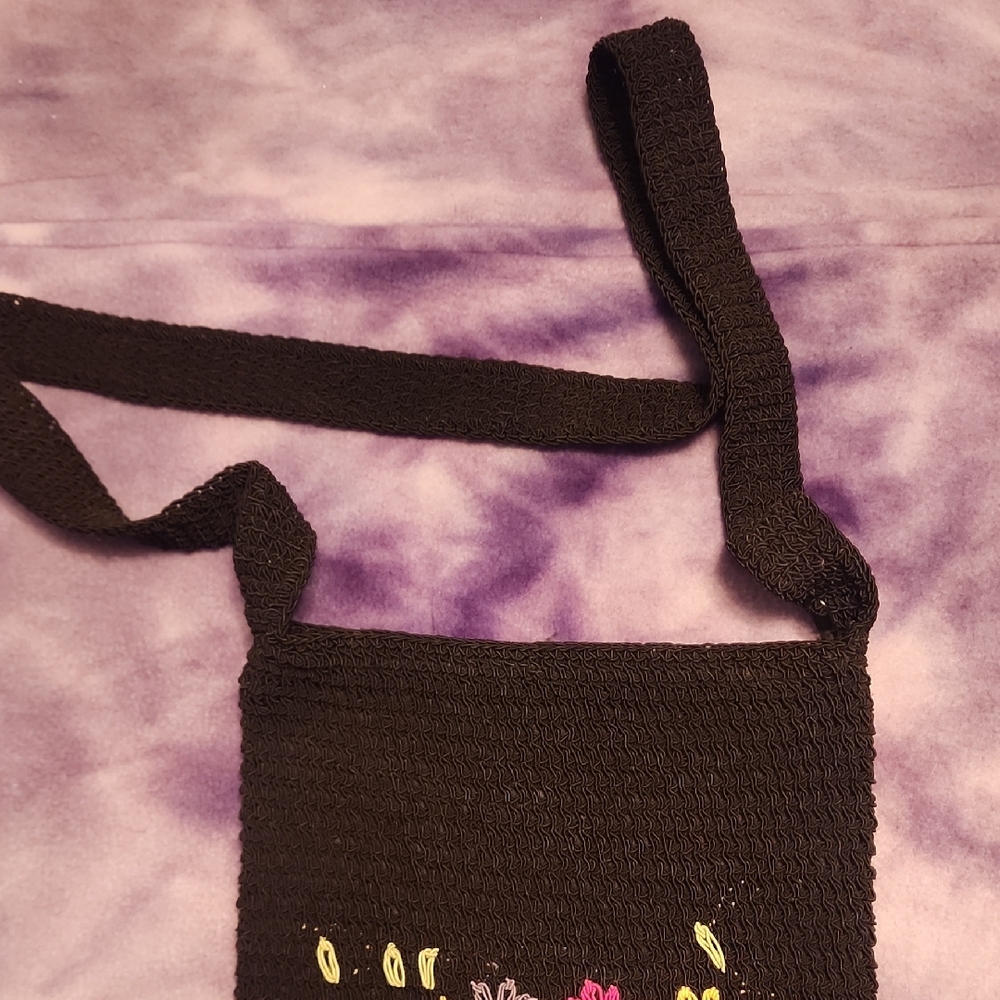 Black Crochet Shoulder Bag with Floral Accents